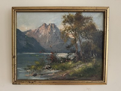 Vintage original landscape oil painting on canvas trees mountains river signed | eBay US