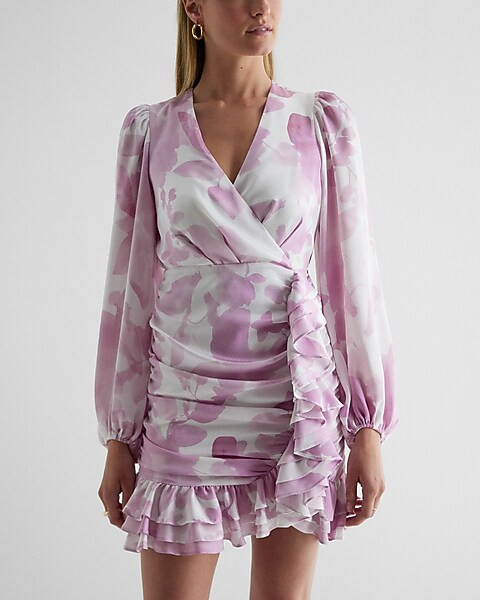 Floral Satin Faux Wrap V-Neck Ruched Ruffle Mini Dress | Express