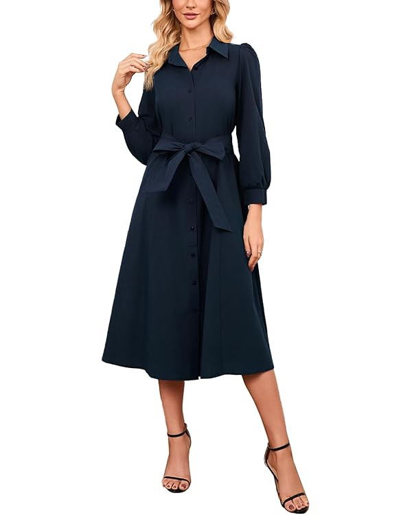 Ladyful Women's Long Sleeve Cotton Midi Shirt Dress 2025 Casual Button Up A-line Flowy Fall Tie-W... | Amazon (US)