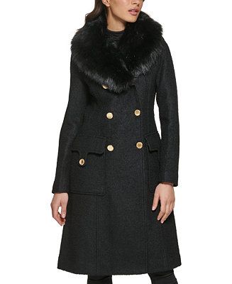 GUESS Women's Faux-Fur Collar Double-Breasted Walker Coat & Reviews - Coats & Jackets - Women - M... | Macys (US)