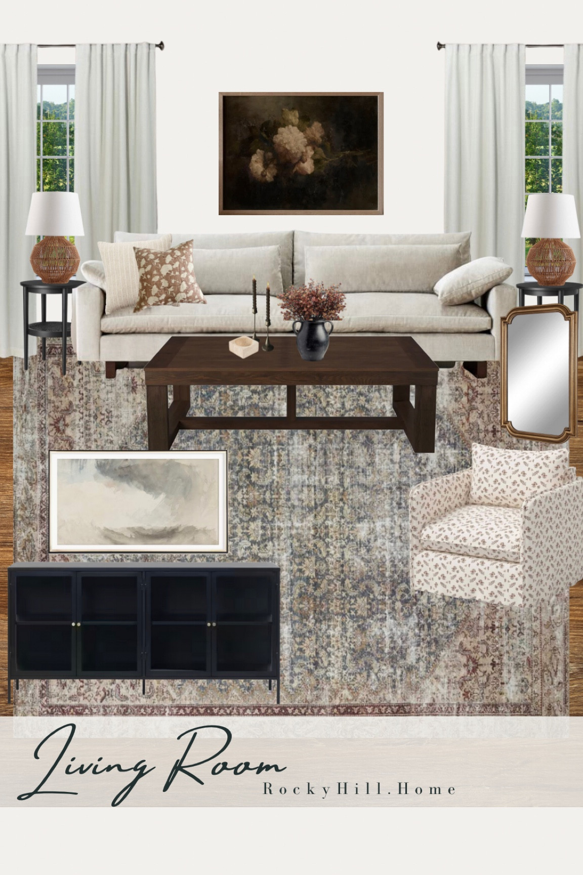 Living room design using the West Elm Harmony sofa, Target Berea Slouchy Lounge chair in ditsy floral, steel media console, black round side tables, large dark wood coffee table, crate and barrel woven lamps, moody floral printable art and abstract frame tv art

#LTKhome #LTKstyletip
