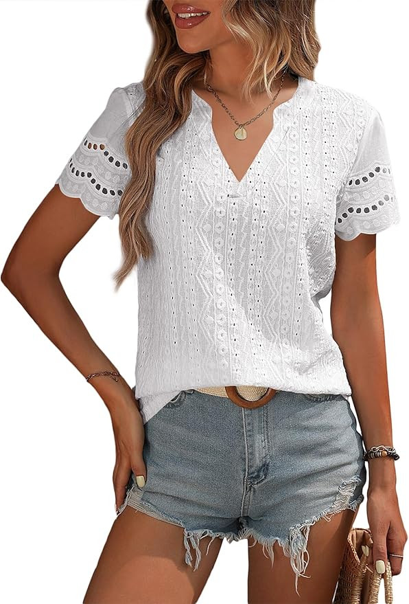 EVALESS Summer Tops for Women V Neck Short Sleeve Lace Eyelet Tops Dressy Casual Blouses 2026 Tre... | Amazon (US)