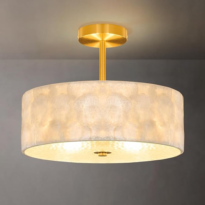 Coastal Capiz Shell Ceiling Light, 15" Brushed Gold Drum Chandelier | Hand-Laid Natural Capiz She... | Amazon (US)