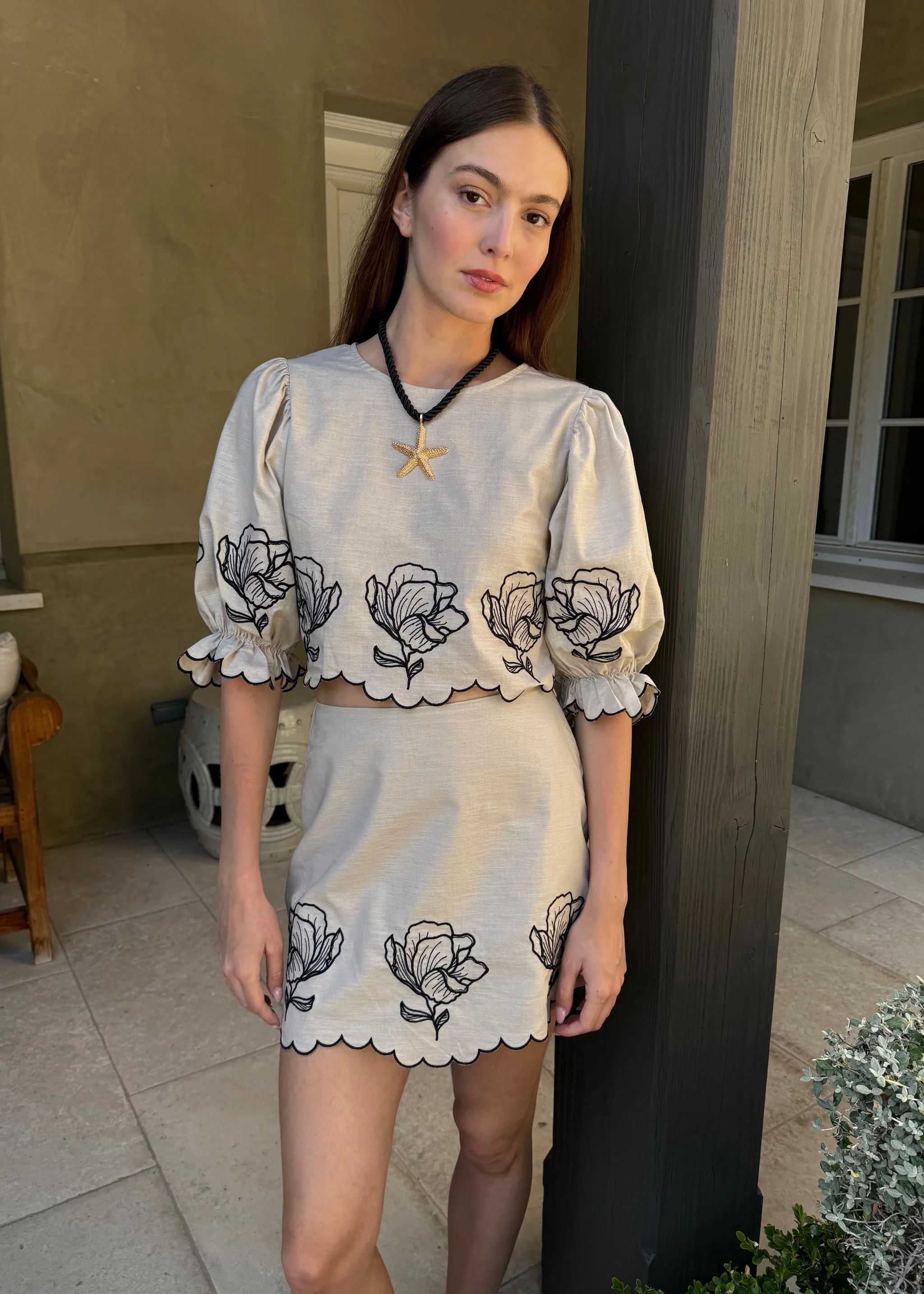 Joey Taupe Scalloped Mini Skirt with Black Floral Embroidery | Benaar La