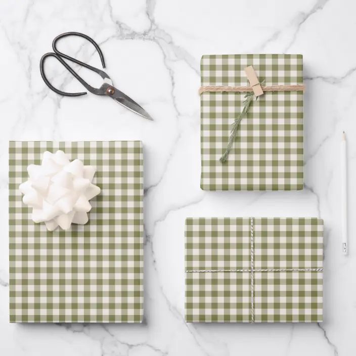 Cute Retro Olive Green Gingham Plaid Pattern Wrapping Paper Sheets | Zazzle.com | Zazzle