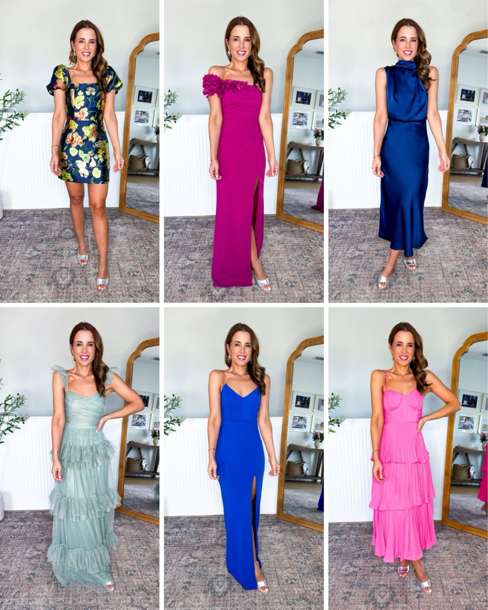 Spring wedding guest dress. Spring wedding guest outfit. Summer wedding guest dress. Cocktail dresses. Formal dresses. Wedding guest. Maxi wedding guest dress. Floral wedding guest dress. Party dresses. 

*I am 5’3, 110, 32b.
Top Row:
Left: XS (have worn so many times)
Middle: XS - a smidge long on me but the slit helps with walking easily.
Right: XS

Bottom Row
Left: XS w/ adjustable straps. Runs big/long - I would need to get straps taken up a few inches and take a little off the length. It’s gorgeous though and would be beautiful on a taller frame!
Middle: XS
Right: XS with adjustable straps - have worn this several times! 

#LTKParties #LTKPetite #LTKWedding