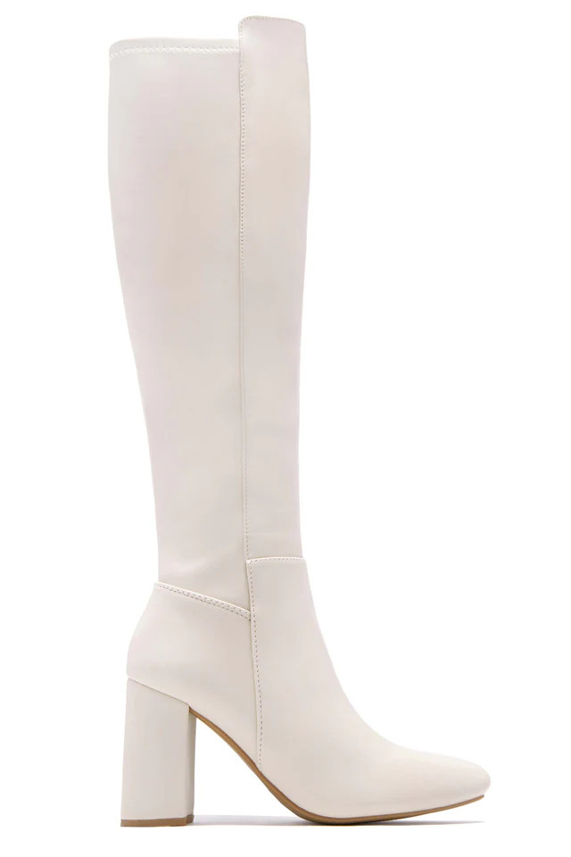 Miss Lola | Ivory Knee High Block Heel Boots | MISS LOLA