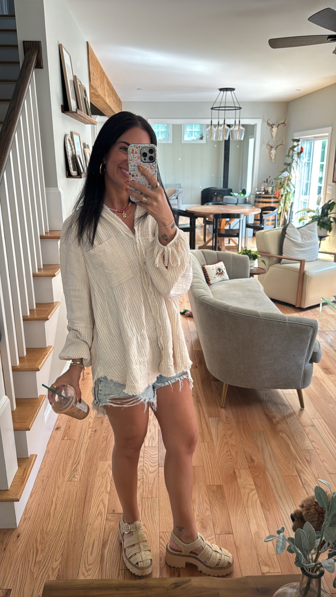 same top, summer edition ☀️
kept it light + breezy with this gauzy oversized button-down and my favorite distressed cutoffs. chunky woven sandals still going strong — comfy and cute.
iced coffee in hand, errands can wait 😉
 #LTKsummer #casualstyle #ootd #easyoutfits #everydaystyle

#LTKSeasonal #LTKStyleTip #LTKSummerEdit