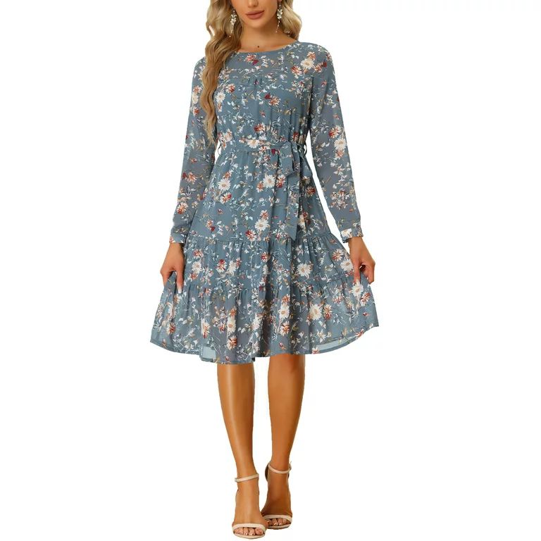 Allegra K Floral Chiffon Dress for Women's Long Sleeve Ruffle Belted Dresses | Walmart (US)