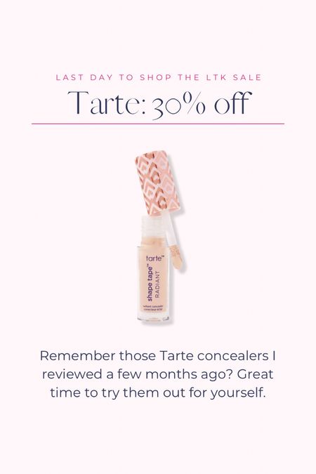 It’s the last day to save 30% at Tarte with the LTK Spring Sale! 

My favorite is the Shape Tape Radiant concealer, followed by the Shape Tape Ultra Creamy concealer. I have both in my makeup bag and rotate between them! I wear shade 20B.

#LTKfindsunder50 #LTKbeauty #LTKSpringSale