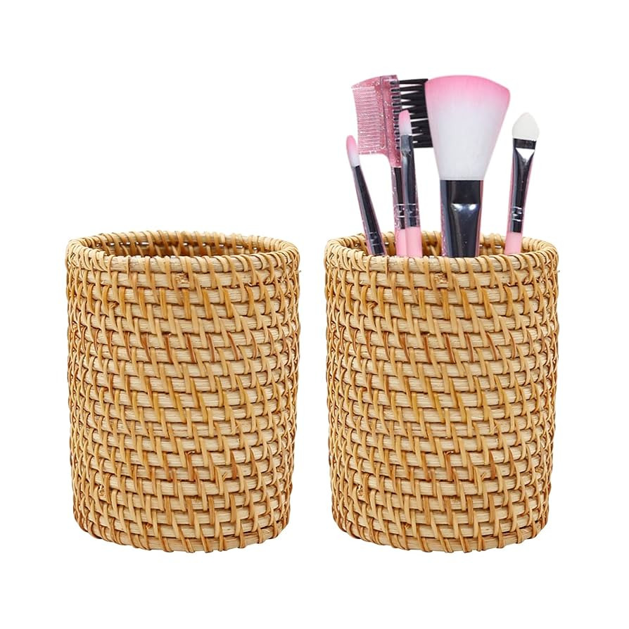 2 Pack Rattan Pencil Holder Handmade Pen Organizer Boho Desk Accessories Pen Cup Holder Aesthetic... | Amazon (US)