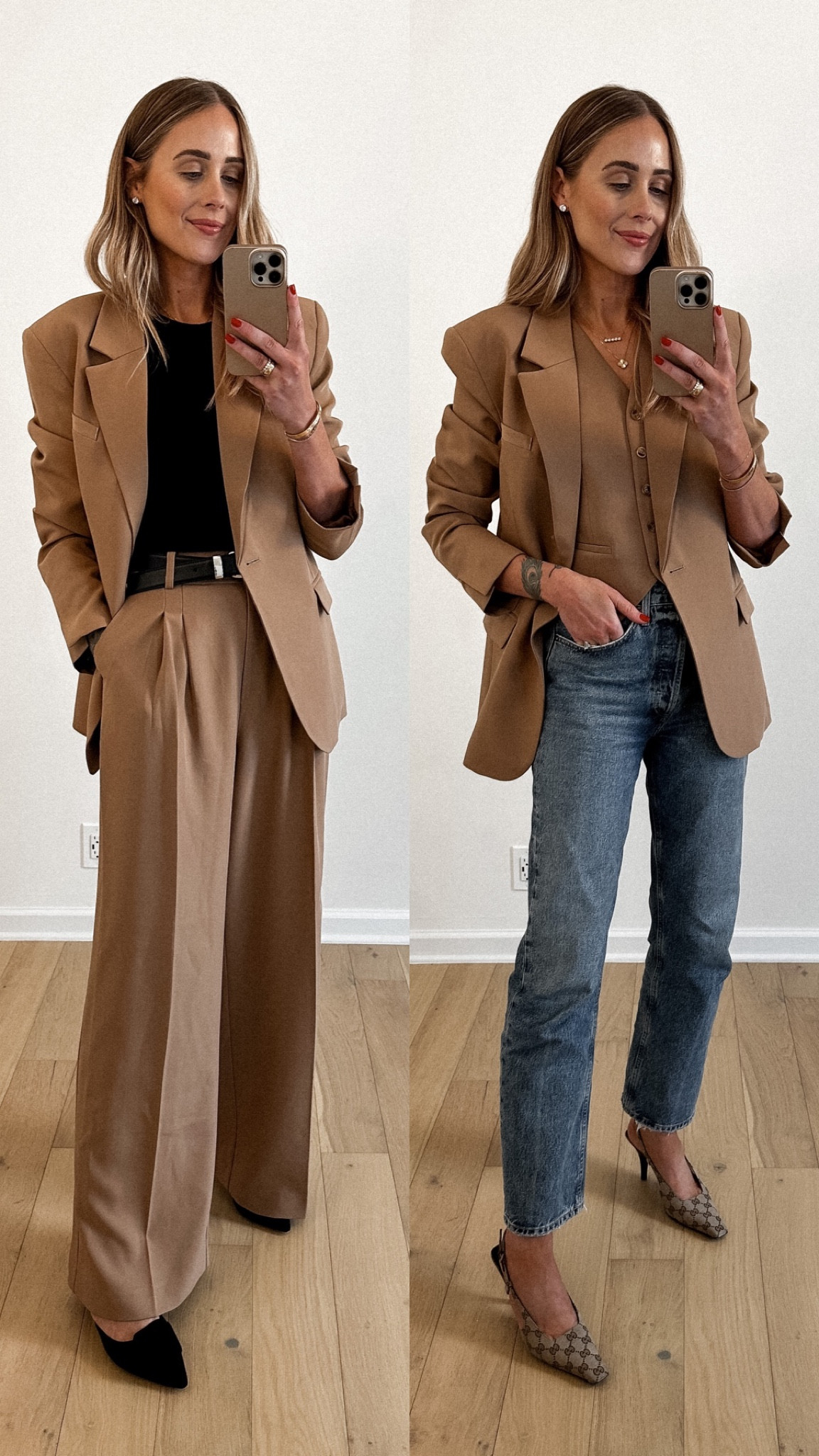 Fashion Jackson wearing MAYSON camel blazer (small) fit is boyfriend/oversized, camel trousers (small), AGOLDE jeans, Gucci slingbacks, #workwear #blazer #falloutfits #fashionjackson 

#LTKfindsunder100 #LTKworkwear #LTKstyletip
