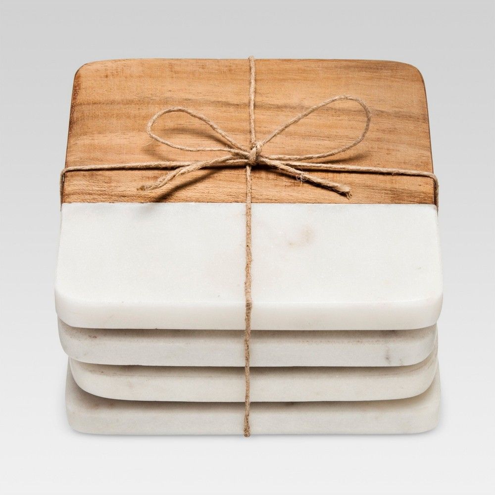 Marble & Wood Coasters Set of 4White/Brown - Threshold, White/Brown | Target