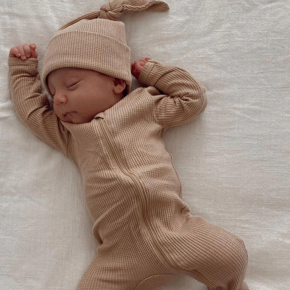 Organic Waffle Basic Zip Footie, Tan | SpearmintLOVE