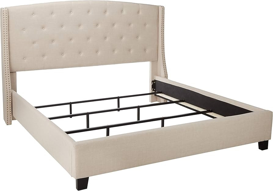 Roundhill Furniture Nantarre Fabric Tufted Wingback Upholstered Bed with Nailhead Trim, King, Tan | Amazon (US)