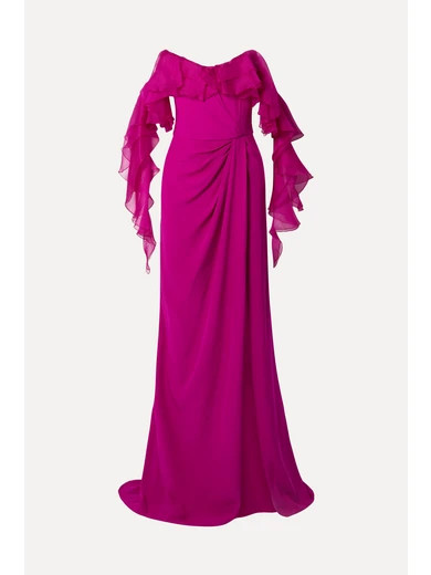 Marchesa - Off-the-shoulder Ruffled Organza And Silk-crepe Gown - Fuchsia | NET-A-PORTER (US)