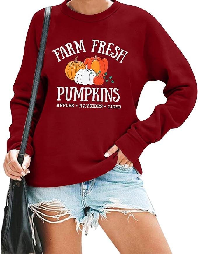 KIDDAD Fall Sweatshirt Women Farm Fresh Pumpkins Apples Hayrides Cider Sweatshirt Halloween Pullo... | Amazon (US)