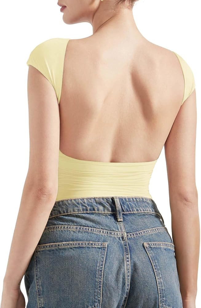SUUKSESS Women Backless Sexy Going Out Tops Double Lined Open Back Y2k Basic Tee Shirts | Amazon (US)