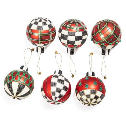 MACKENZIE-CHILDS Set of 6 Glass Ornaments, Christmas Tree Decorations Set, Tartan | Amazon (US)