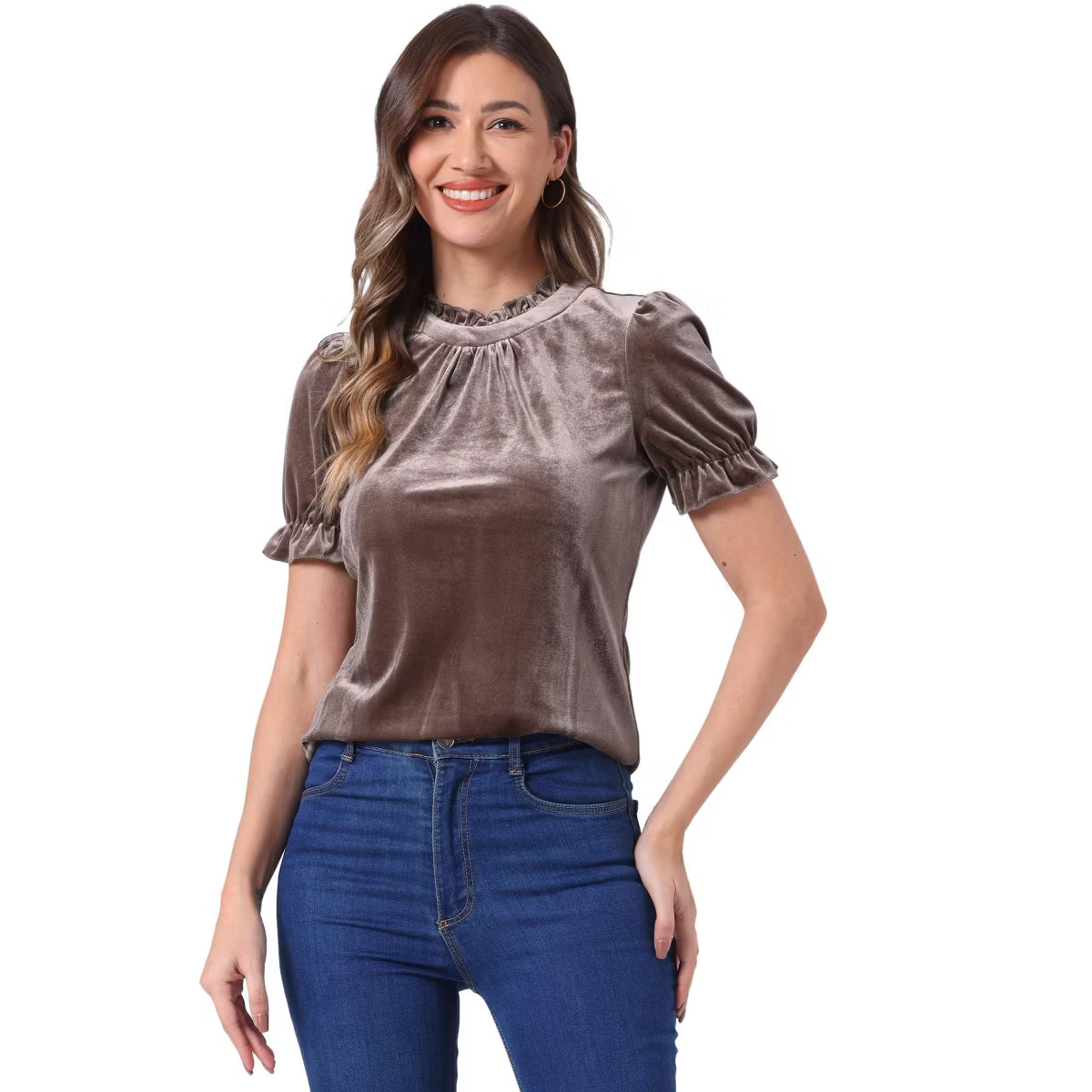 INSPIRE CHIC Women's Short Sleeve Velvet Keyhole Back Ruffle Mock Neck Shirt X-Small Light Brown | Target
