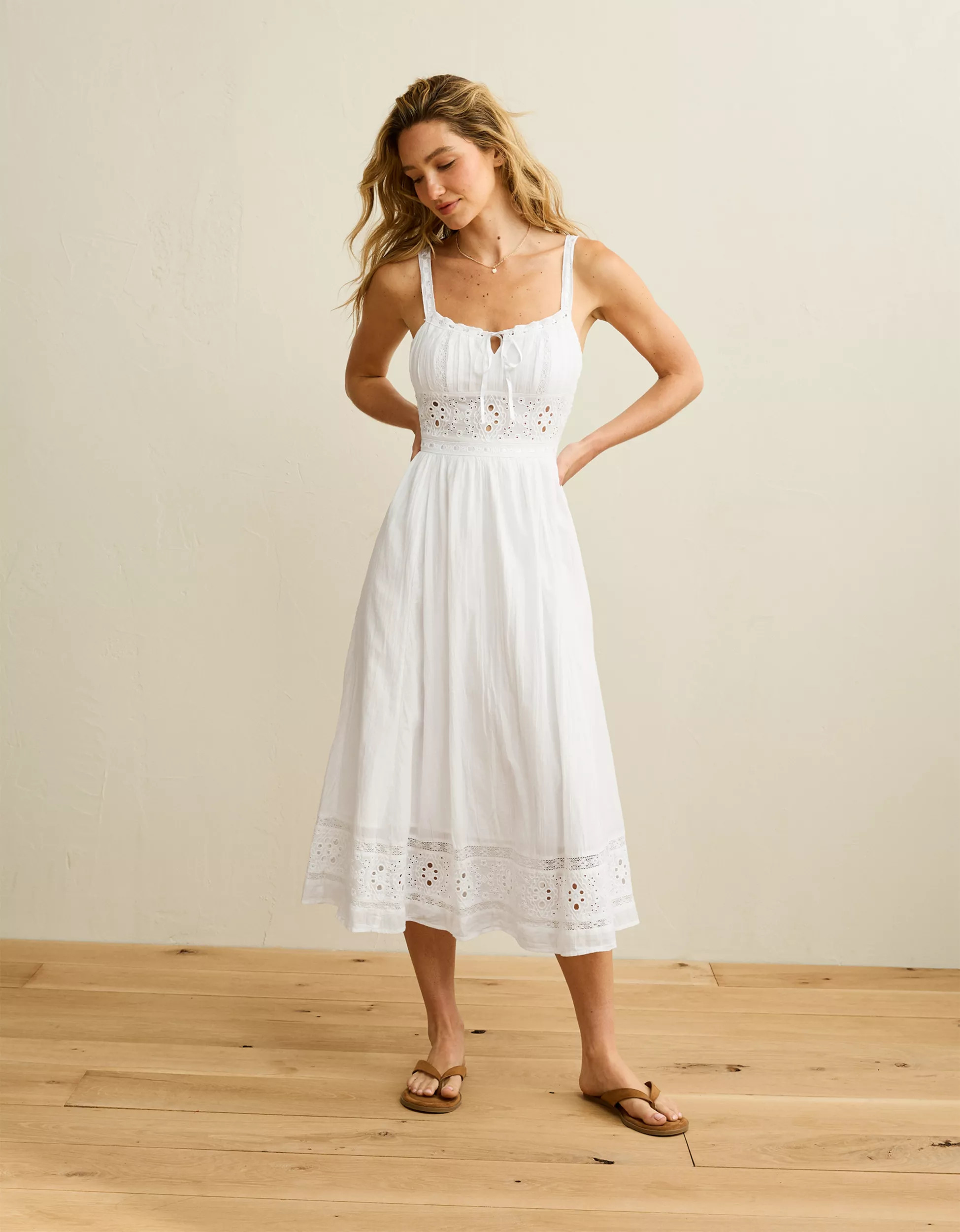 AE Catie Corset Embroidered Midi Dress | American Eagle Outfitters (US & CA)