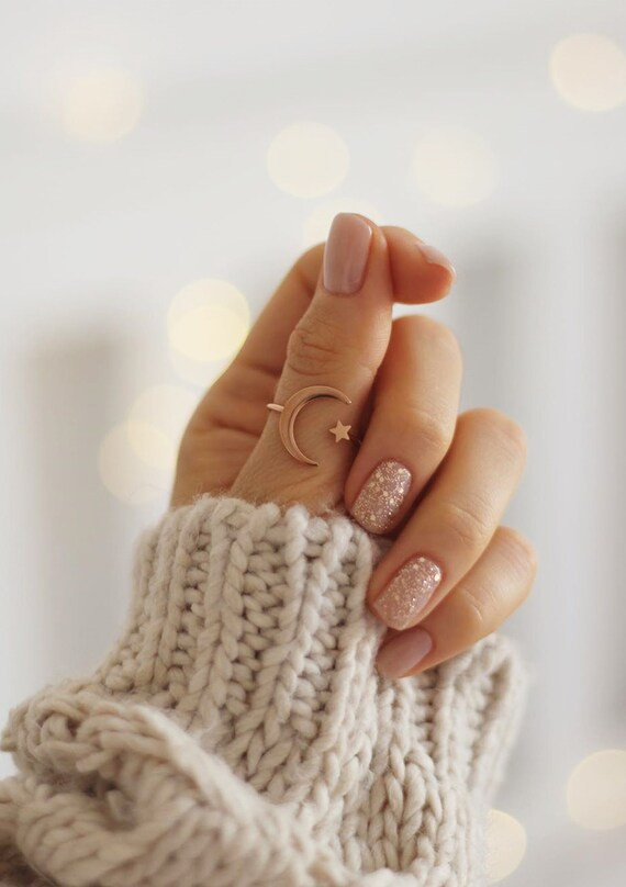 Rose Gold Star Moon Ring for Women  Open Ring With Half Moon - Etsy | Etsy (US)