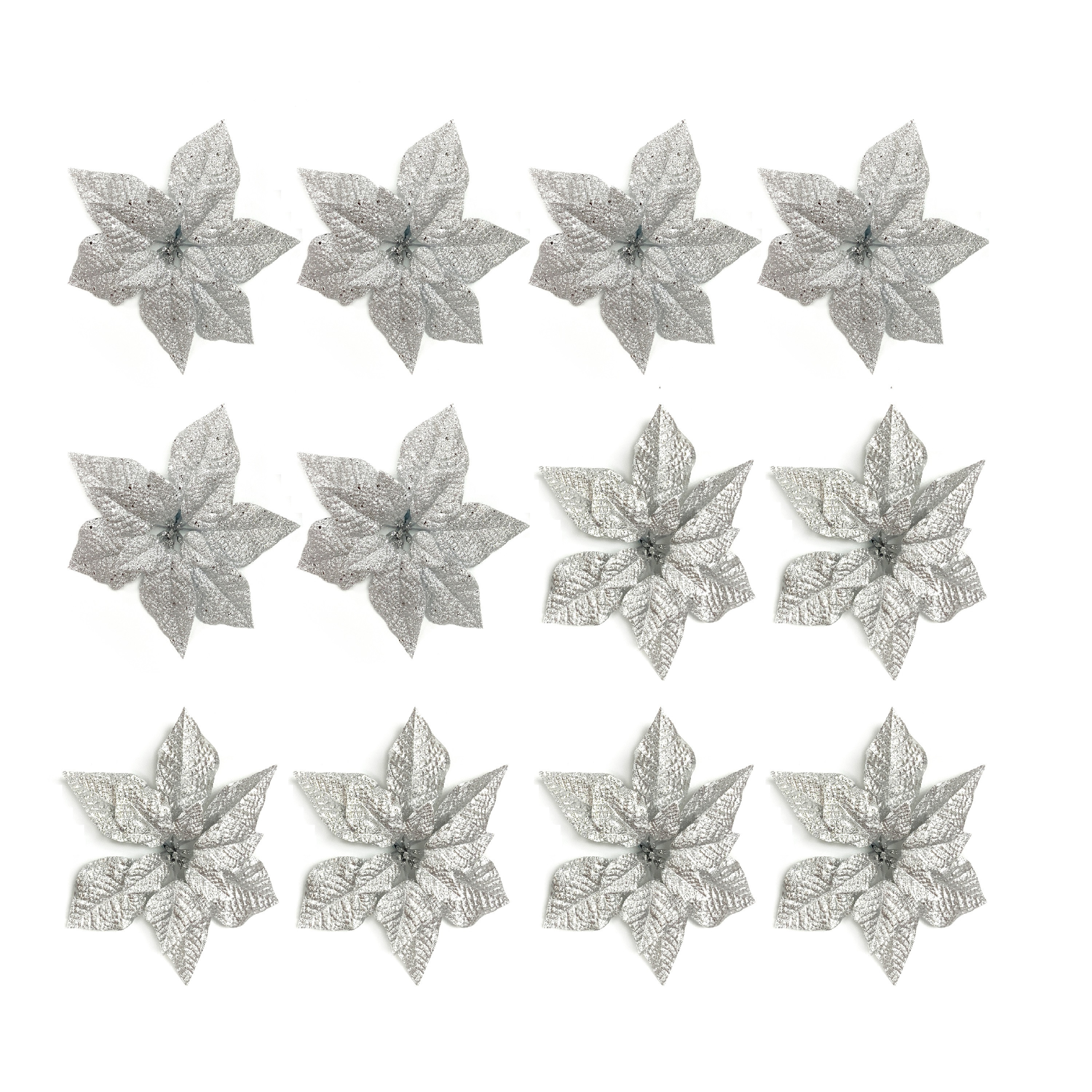 Holiday Time 11" Silver Poinsettia Clip Decorative Accent Christmas Ornaments, 12 Count - Walmart... | Walmart (US)