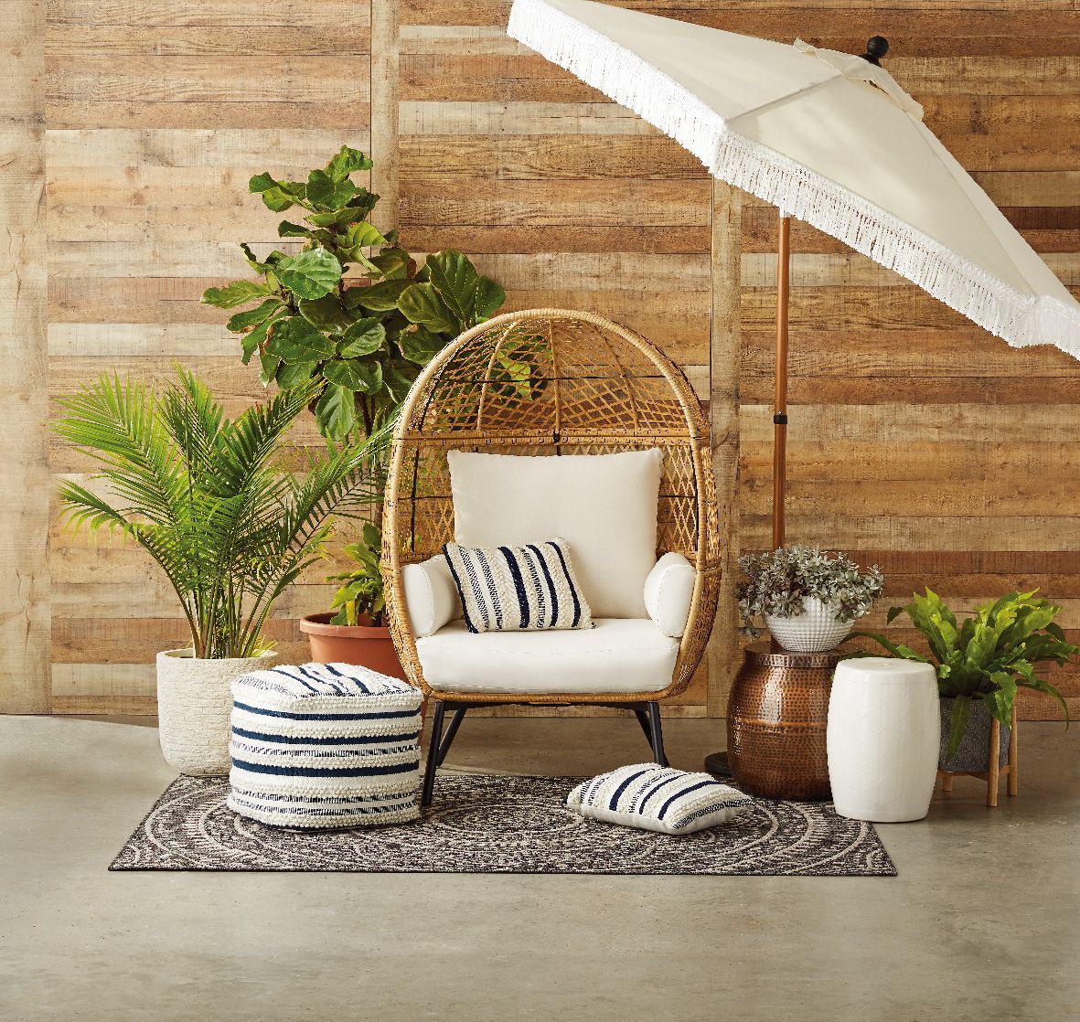 Better Homes and Gardens Ventura Boho Stationary Wicker Egg Chair with Cream Cushions - Walmart.c... | Walmart (US)