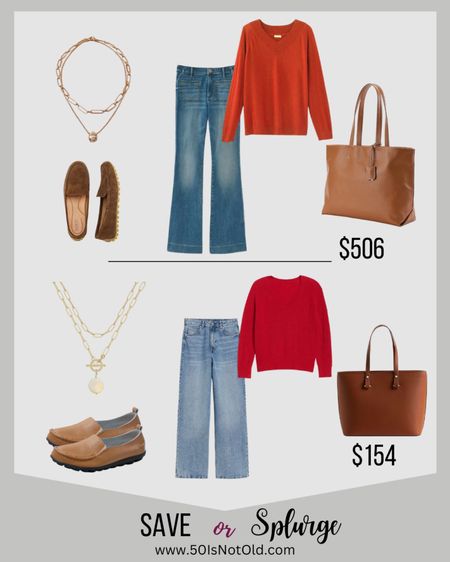 Save or Splurge! The Look For Less! Why pay more? Casual jeans outfit, tote bags, loafers. Fall styles