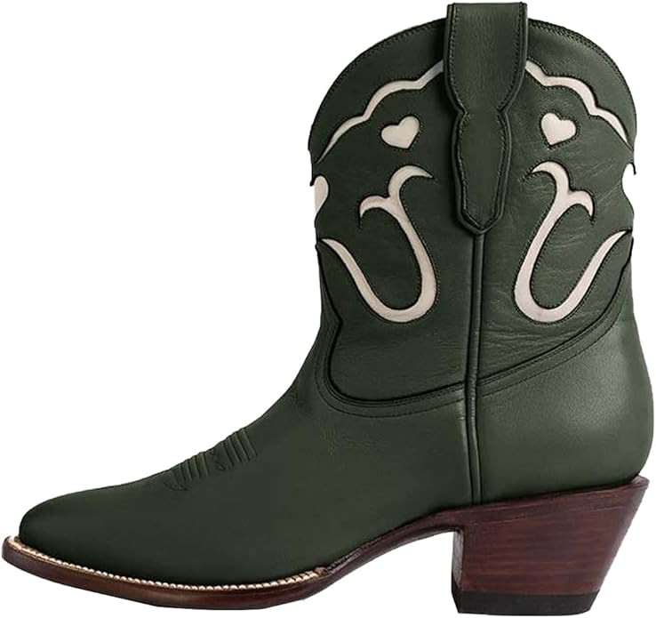 Women's Cowboy Boots Chunky heel Pointed Toe Denim Cowgirl Ankle Boots Ivory Pattern Stitching | Amazon (US)