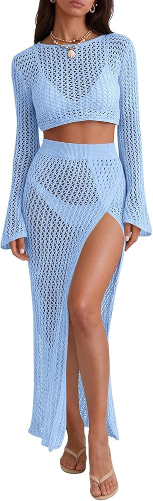 Saodimallsu Womens Crochet Beach Cover Ups Set 2 Piece 2026 Boat Neck Crop Long Sleeve Tops High ... | Amazon (US)