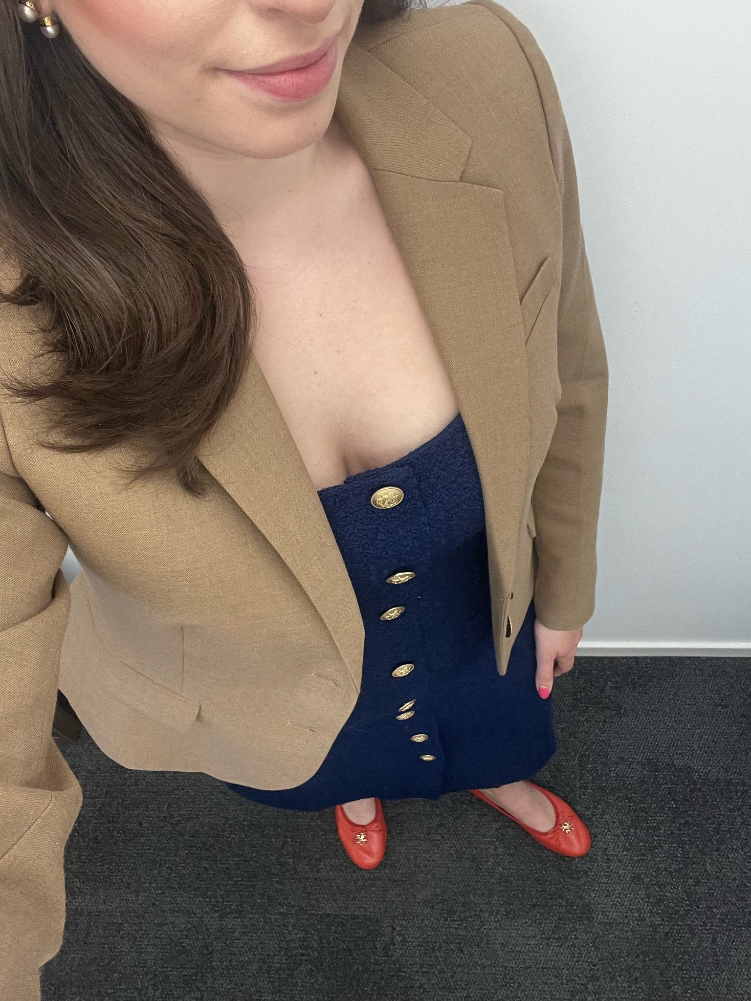 Office style, office outfit, business casual, workwear, spring workwear, midi dress, tweed dress, brown blazer, lawyer, attorney, law firm, navy dress, ballet flats, red ballet flats, suiting

#LTKSeasonal #LTKStyleTip #LTKWorkwear