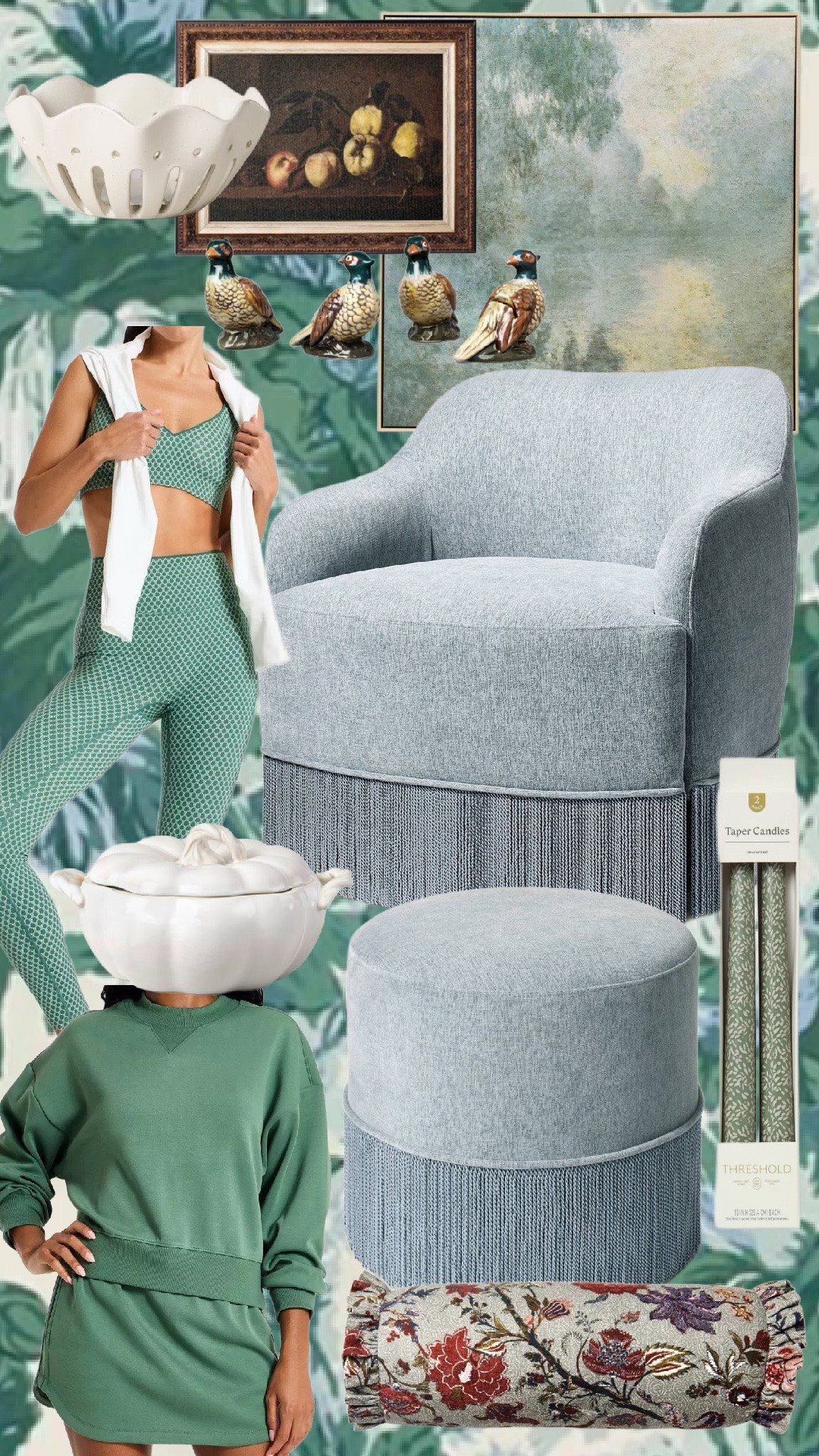 @Target finds! 

Target is SO good right now! 🎯💚 A little mix of cozy, classic, and grandmillennial finds that look way more expensive than they are. The blue fringe chair + ottoman might be my favorites, but those pheasant figurines and floral bolster pillow are such good finishing touches. Perfect pieces for an easy fall home refresh + a few cute green sets for everyday!

Target Finds:

* Blue upholstered fringe accent chair
* Matching blue fringe round ottoman
* Green patterned workout bra + leggings set
* Green sweatshirt + matching skirt set
* White scalloped decorative bowl
* White pumpkin-shaped lidded serving bowl/tureen
* Set of pheasant figurines
* Vintage-style framed fruit still-life artwork
* Blue/green abstract framed canvas art
* Green patterned taper candles
* Floral lumbar/bolster pillow

#TargetFinds #TargetStyle #TargetHome #TargetFashion #GrandmillennialStyle