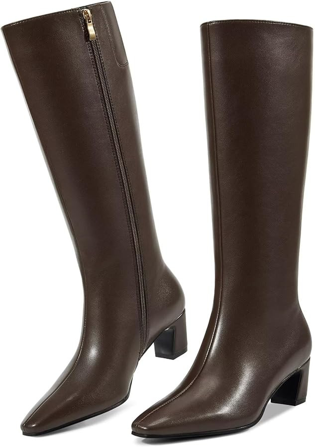 ISNOM Black Knee High Boots Women with Side Zipper Womens Tall Chunky Boots Low Heeled Pointed To... | Amazon (US)