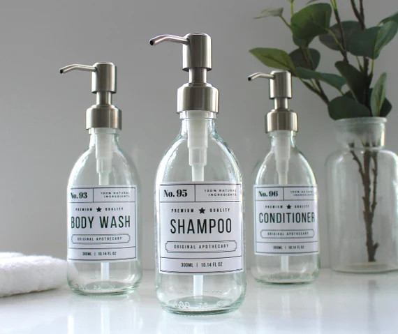 Clear Glass Apothecary Dispenser Bottle | Hand Soap | Hand Lotion | Shampoo | Body Wash with Stai... | Etsy (US)