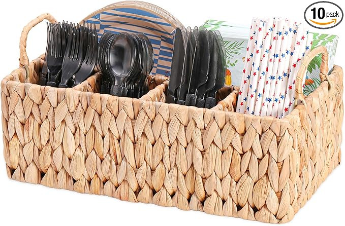 Wicker Party Silverware Caddy, Water Hyacinth Plastic Cutlery Utensil Holder, Hand Woven with Han... | Amazon (US)