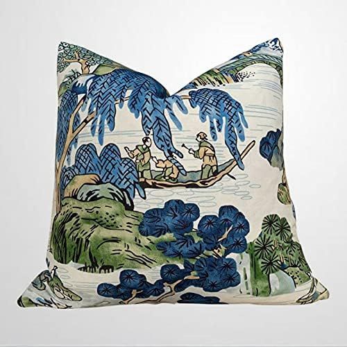 ArogGeld Thibaut Asian Scenic Pillow in Blue and Kelly Green Lumbar Decor Ative Pillow Chinoiseri... | Amazon (US)