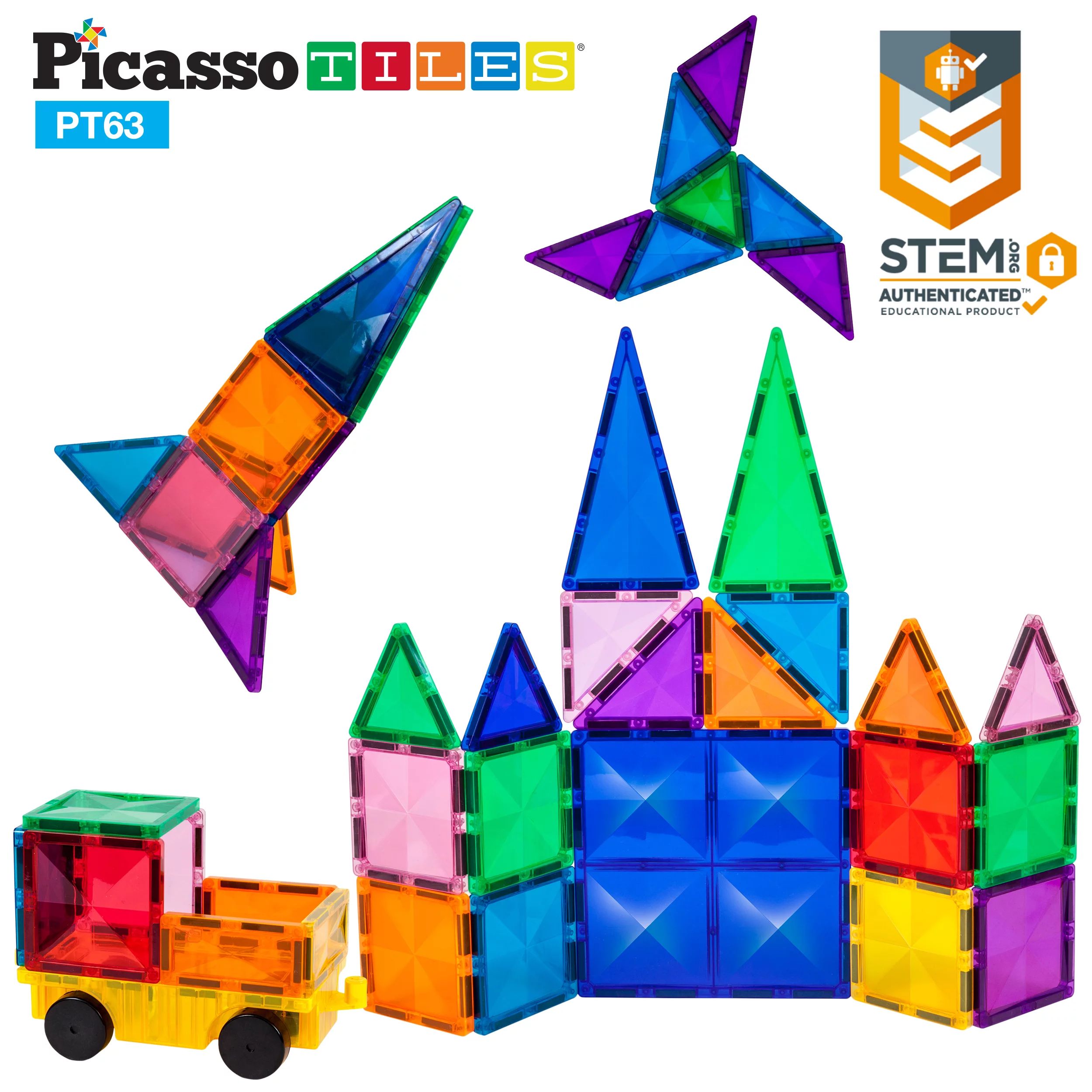 PicassoTiles 63 Piece Kids 3+ STEM Magnetic Building Block Sensory Toy Set with Car Truck - Walma... | Walmart (US)