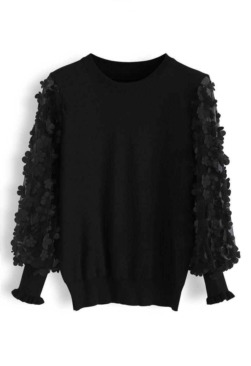 3D Blumen-Mesh-Ärmel Strickoberteil in Schwarz | Chicwish