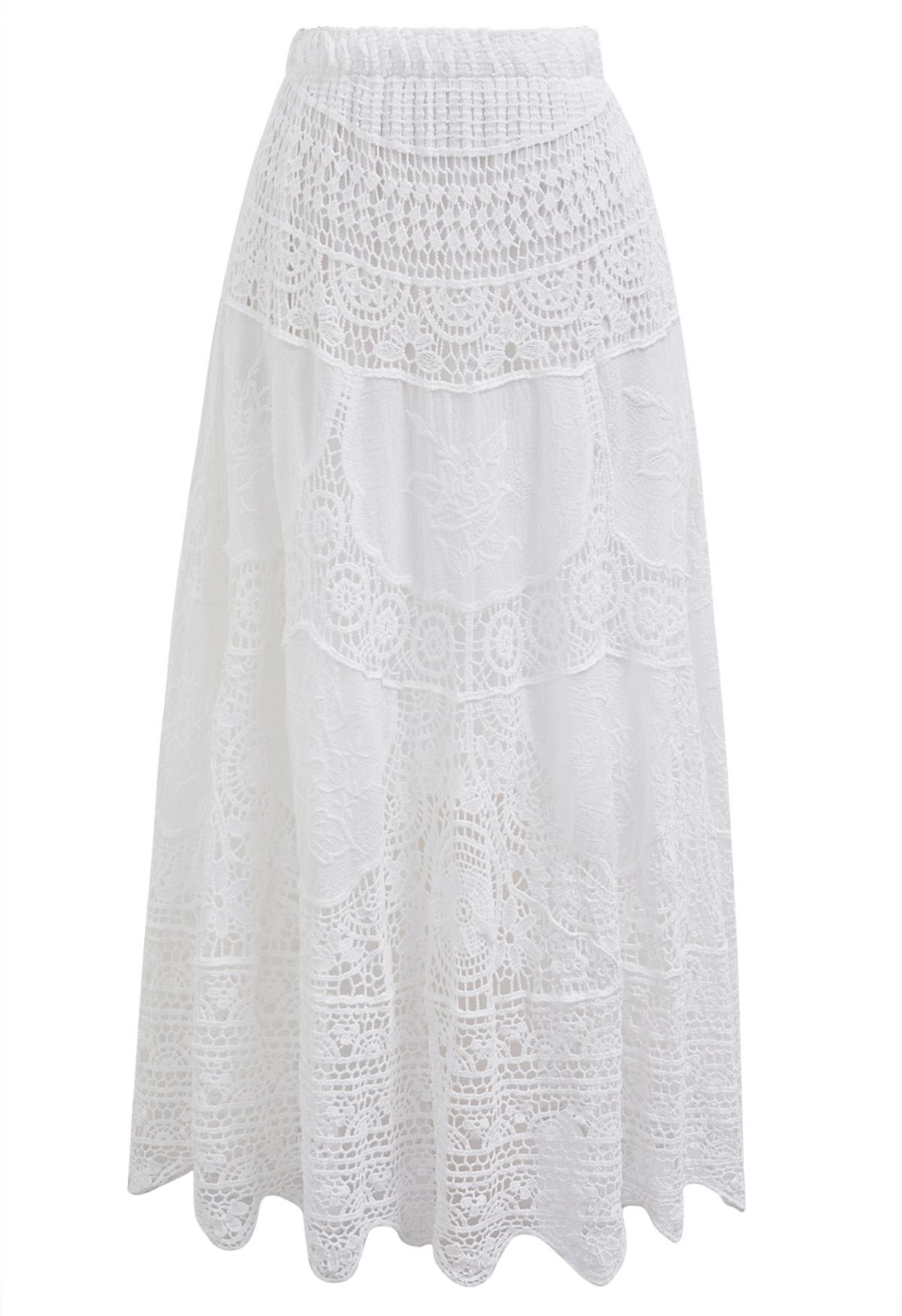 Embroidered Floral Cutwork Crochet Maxi Skirt in White | Chicwish