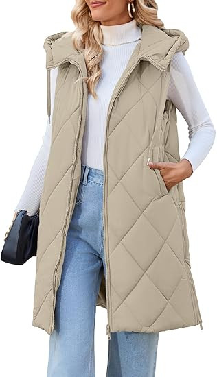 MEROKEETY Womens Sleeveless Quilted Long Puffer Vest Hooded Full Zip Jacket Coats with Pockets | Amazon (US)