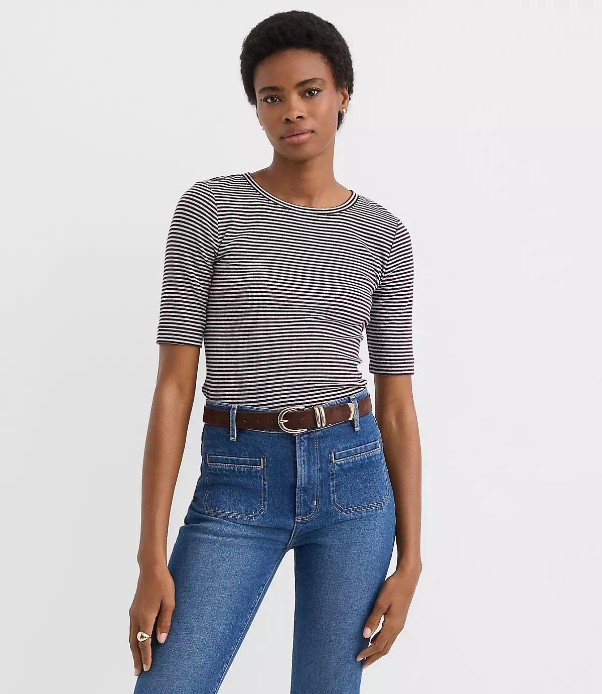 Stripe Perfect Ribbed Elbow Sleeve Tee | LOFT