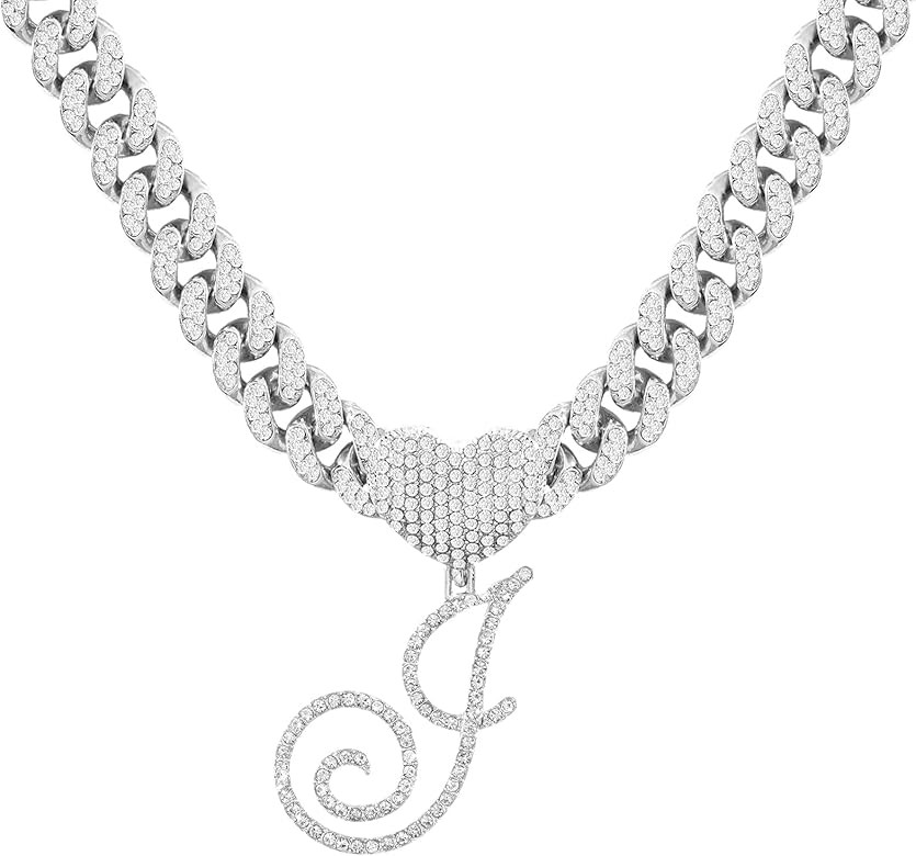 Cursive Silver Initial Pendant Necklaces Alphabet Pendant Miami Cuban Link Chain Necklace for wom... | Amazon (US)