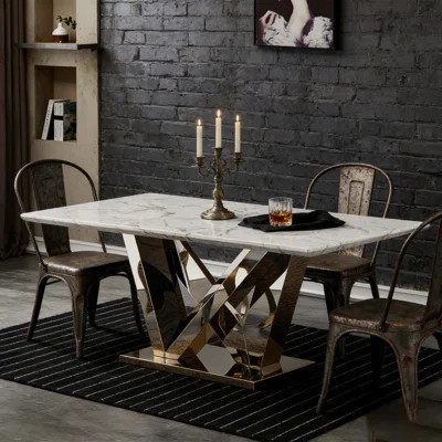 Marble Dining Table for 6 People, 70'' Rectangle Faux Marble Dining Table with Mirrored Finish Stainless Steel Base, Modern Large Marble Kitchen Table | Wayfair North America