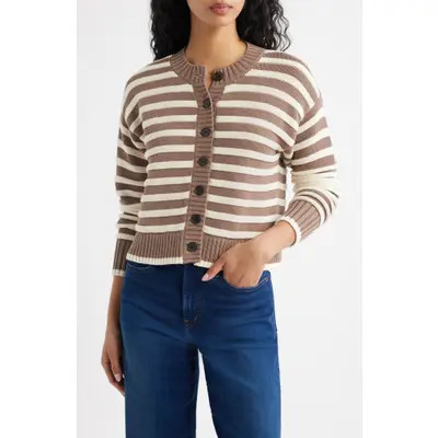 Madewell Button Front Cotton Crewneck Cardigan in Light Umber And Ivory at Nordstrom, Size Large | Nordstrom