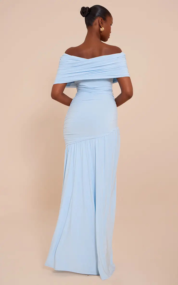 Blue Double Layer Slinky Bardot One Shoulder Ruched Maxi Dress | PrettyLittleThing US
