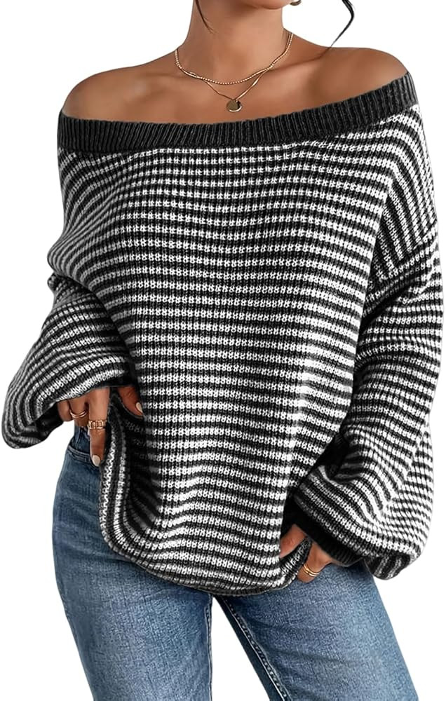 Women's Oversized Striped Sweater Casual Off The Shoulder Sweater Fall Long Sleeve Loose Knit Pul... | Amazon (US)