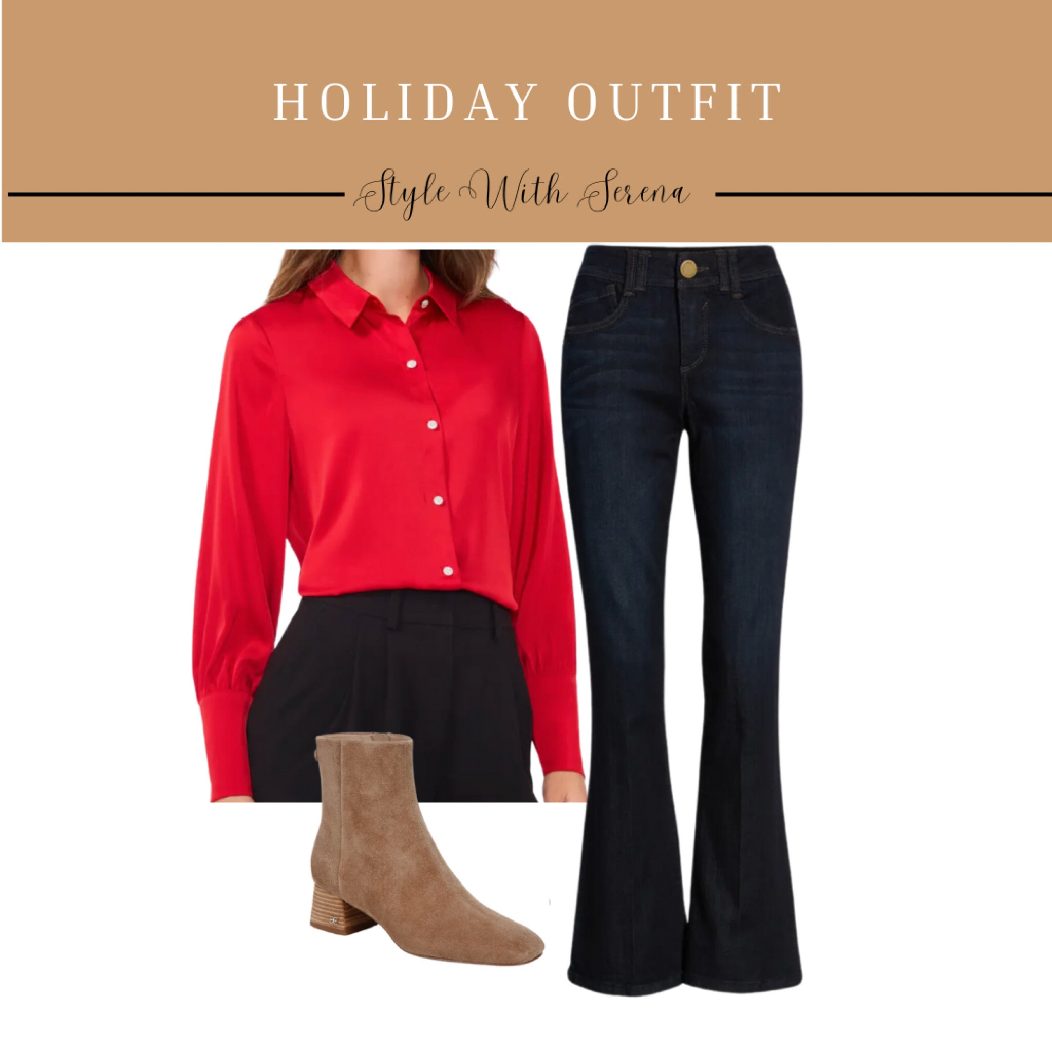 Holiday outfit, red blouse, silk blouse, Nordstrom outfit, Christmas outfit, booties, jeans, denim 

#LTKStyleTip #LTKHoliday #LTKOver40