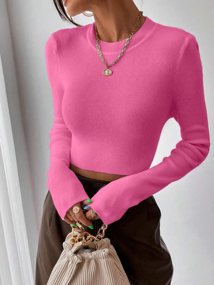 SHEIN Raffinéa Women Solid Color Fitted Cropped Ribbed Knit Sweater, Casual Style | SHEIN