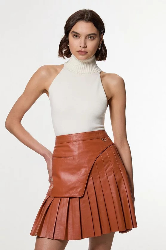Leather Pleated Wrap Belt Mini Skirt | Karen Millen US